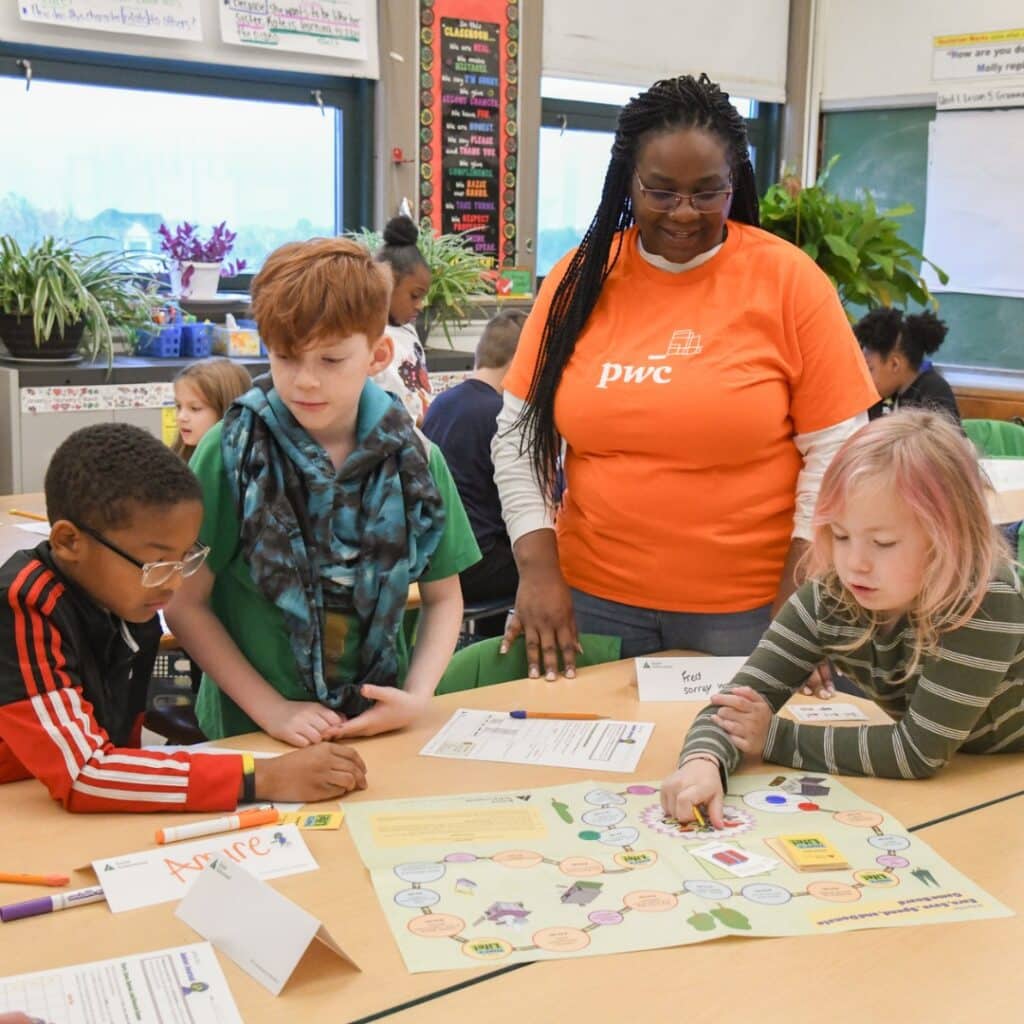 group of young students working with volunteer